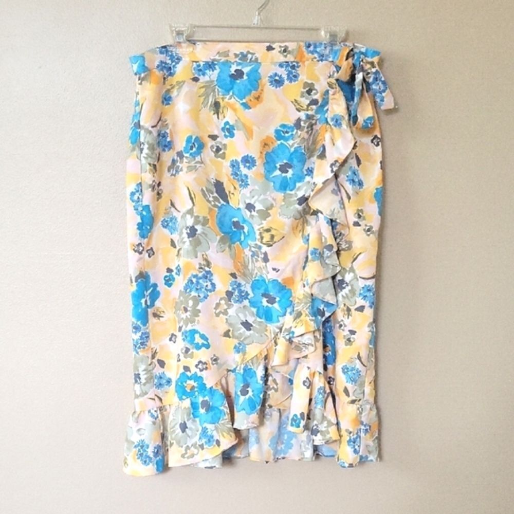 LOFT Yellow Blue Floral Ruffle Faux Wrap Skirt - Size 12